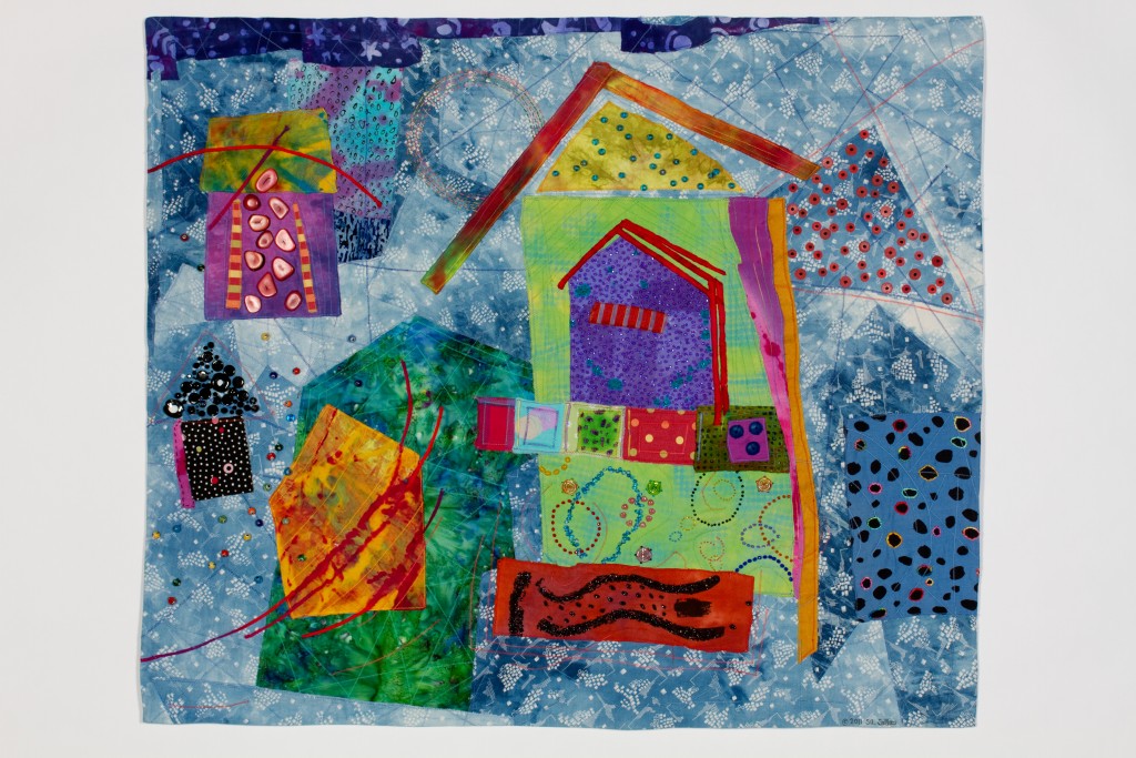 A textile art called the Snow day with white and blue fabric